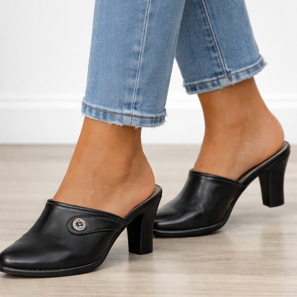 COLE HAAN 8.5 black leather heeled mule slip-on almond toe like new